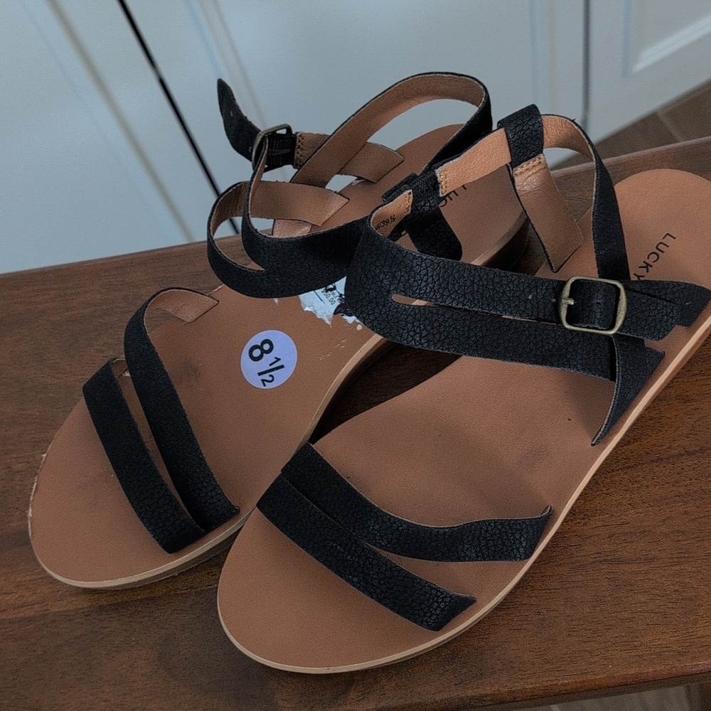 Lucky Brand Black Strappy Sandals with Tan Footbed Size 8.5 - Picture 3 of 8